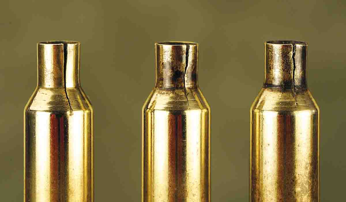 When fireforming the cases in the rifle for the first time, you are bound to get some neck splits. With the Wasp, Stan only came up with about three or four per hundred, which is a good average, considering the amount of steps necessary in working the brass to this stage of production.